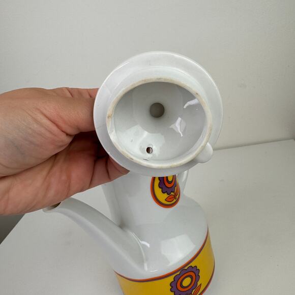 Vintage MCM Mid Century White Purpl Floral Lid Space Age Porcelain Coffee Teapot - Picture 5 of 6